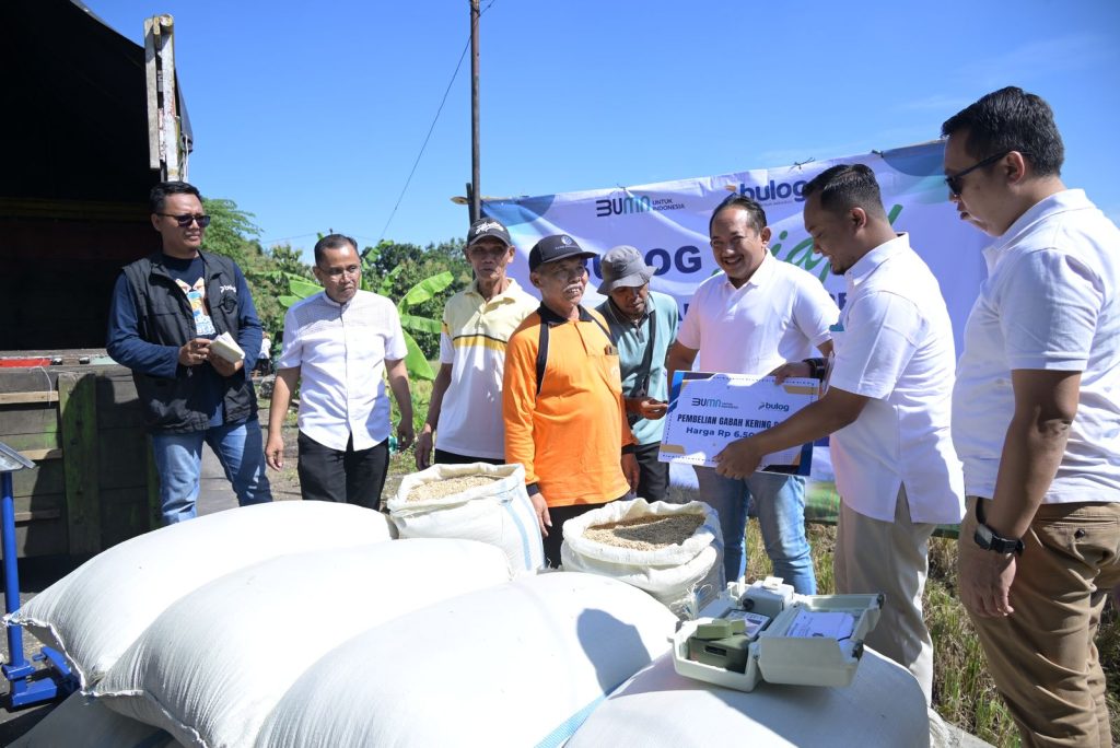 Dalam acara panen raya di serahkan bantuan pupuk secara simbolis kepada perwakilan petani